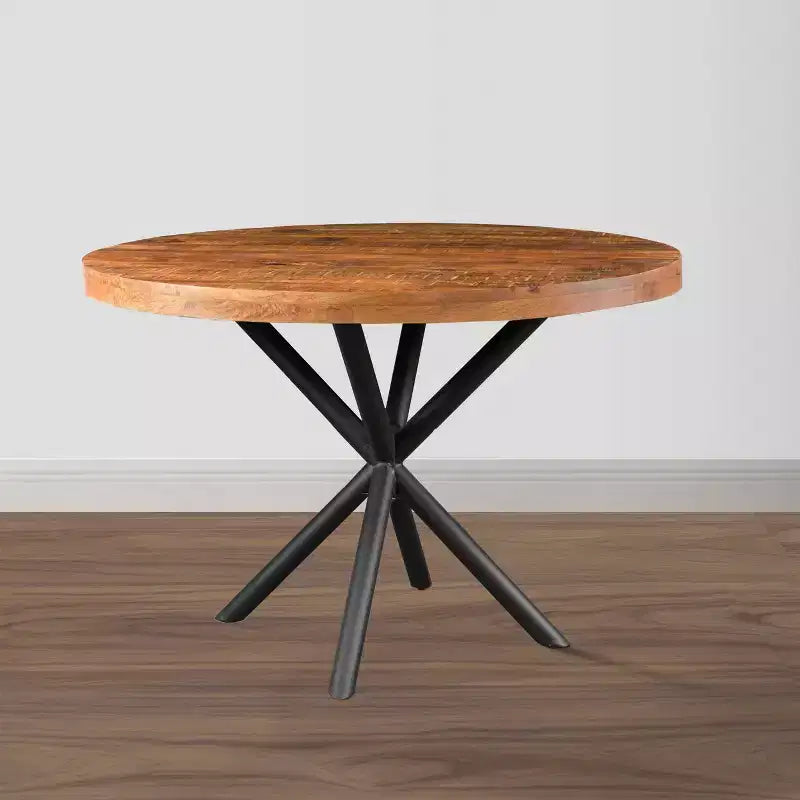 Tavolo da pranzo artigianale 48" con piano rotondo in legno massello di mango e gambe incrociate in ferro marrone/nero naturale