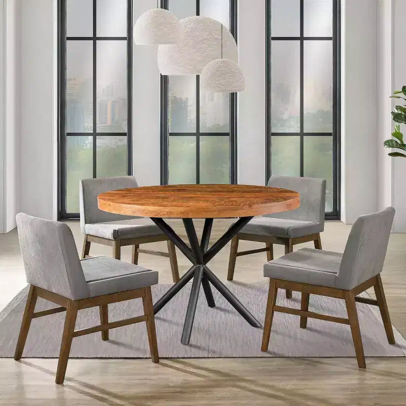 Tavolo da pranzo artigianale 48" con piano rotondo in legno massello di mango e gambe incrociate in ferro marrone/nero naturale