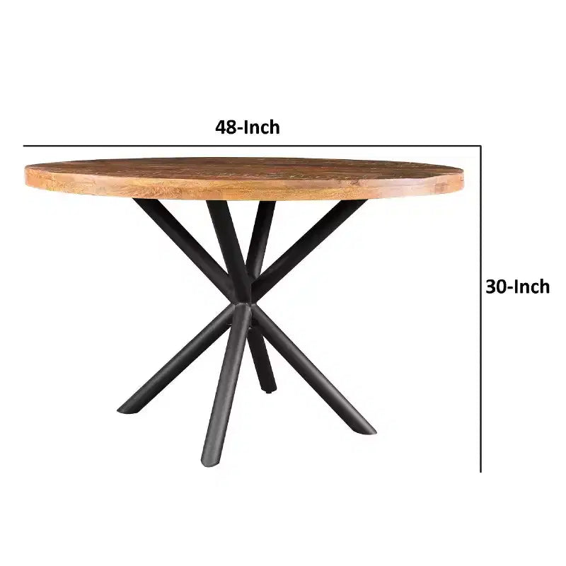 Tavolo da pranzo artigianale 48" con piano rotondo in legno massello di mango e gambe incrociate in ferro marrone/nero naturale