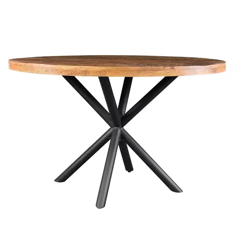 Tavolo da pranzo artigianale 48" con piano rotondo in legno massello di mango e gambe incrociate in ferro marrone/nero naturale