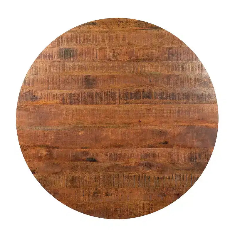 Tavolo da pranzo artigianale 48" con piano rotondo in legno massello di mango e gambe incrociate in ferro marrone/nero naturale