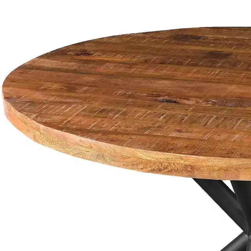 Tavolo da pranzo artigianale 48" con piano rotondo in legno massello di mango e gambe incrociate in ferro marrone/nero naturale
