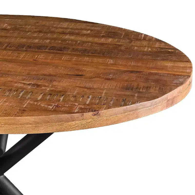 Tavolo da pranzo artigianale 48" con piano rotondo in legno massello di mango e gambe incrociate in ferro marrone/nero naturale