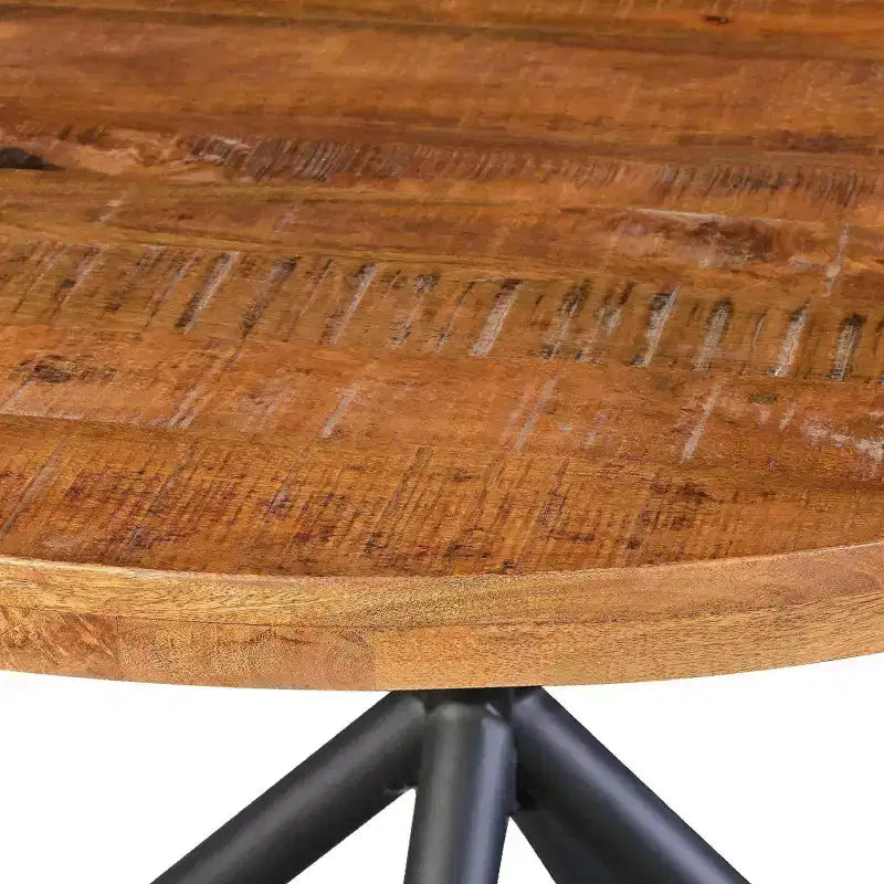 Tavolo da pranzo artigianale 48" con piano rotondo in legno massello di mango e gambe incrociate in ferro marrone/nero naturale