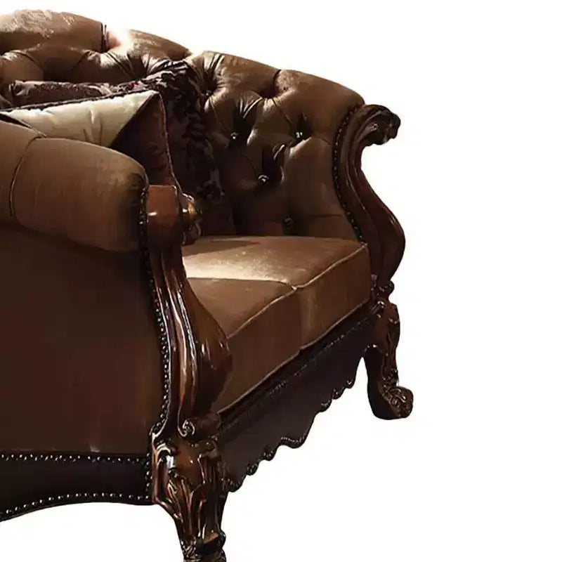 Divano Dresden in Velluto Marrone Dorato/Finitura Rovere Ciliegio