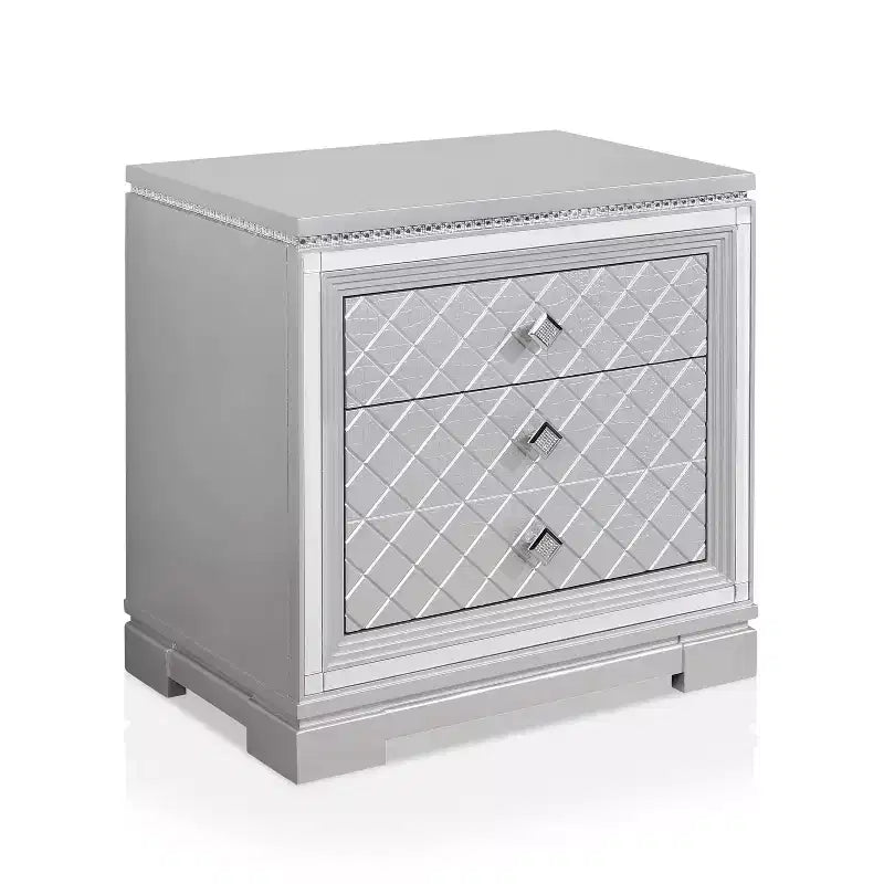 Comodino Tenaya a 2 cassetti con cassetto nascosto e porte USB, Argento