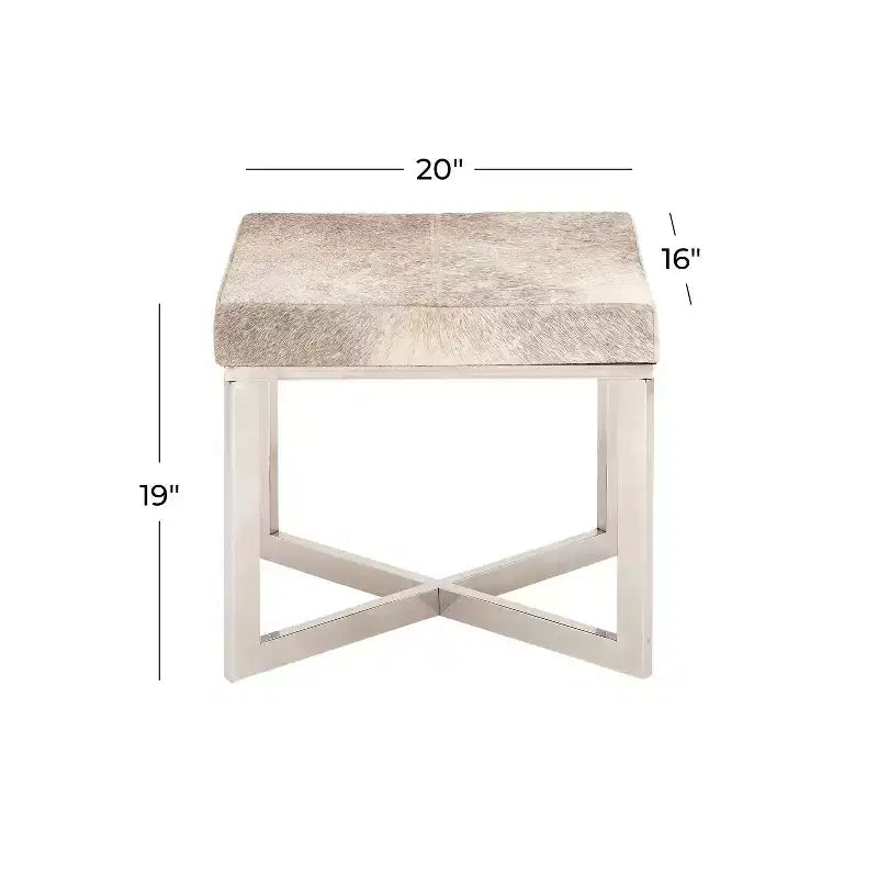 Sgabello quadrato contemporaneo in acciaio inox e pelle bovina argentato