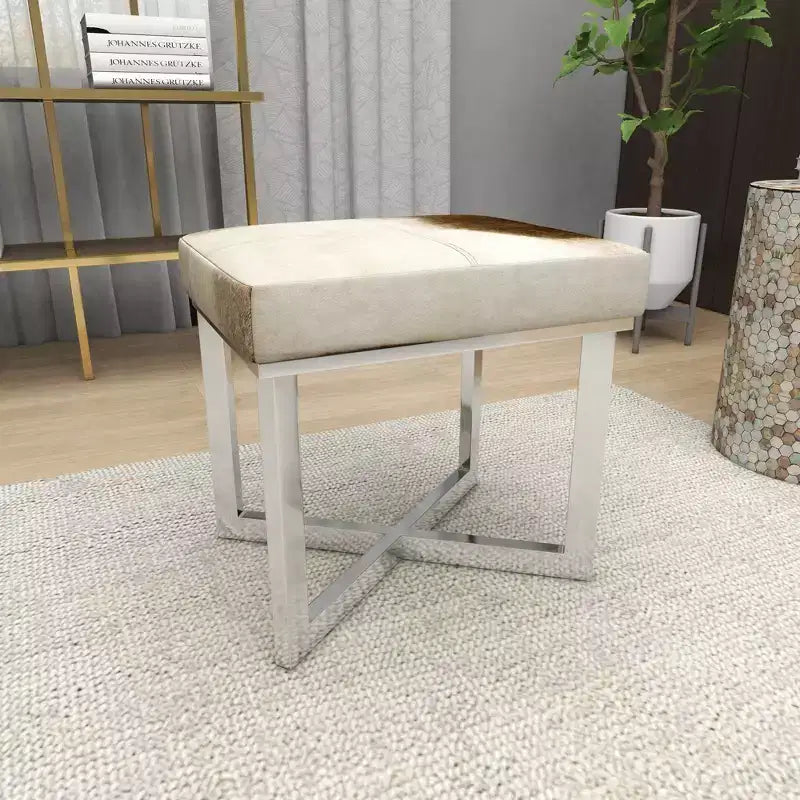 Sgabello quadrato contemporaneo in acciaio inox e pelle bovina argentato