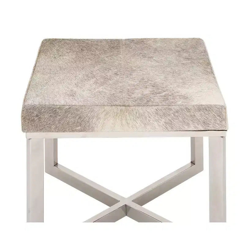 Sgabello quadrato contemporaneo in acciaio inox e pelle bovina argentato