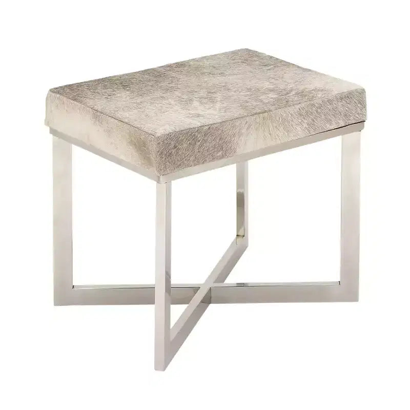 Sgabello quadrato contemporaneo in acciaio inox e pelle bovina argentato