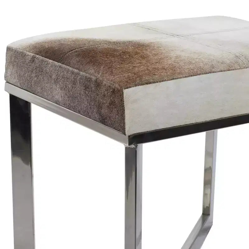Sgabello quadrato contemporaneo in acciaio inox e pelle bovina argentato