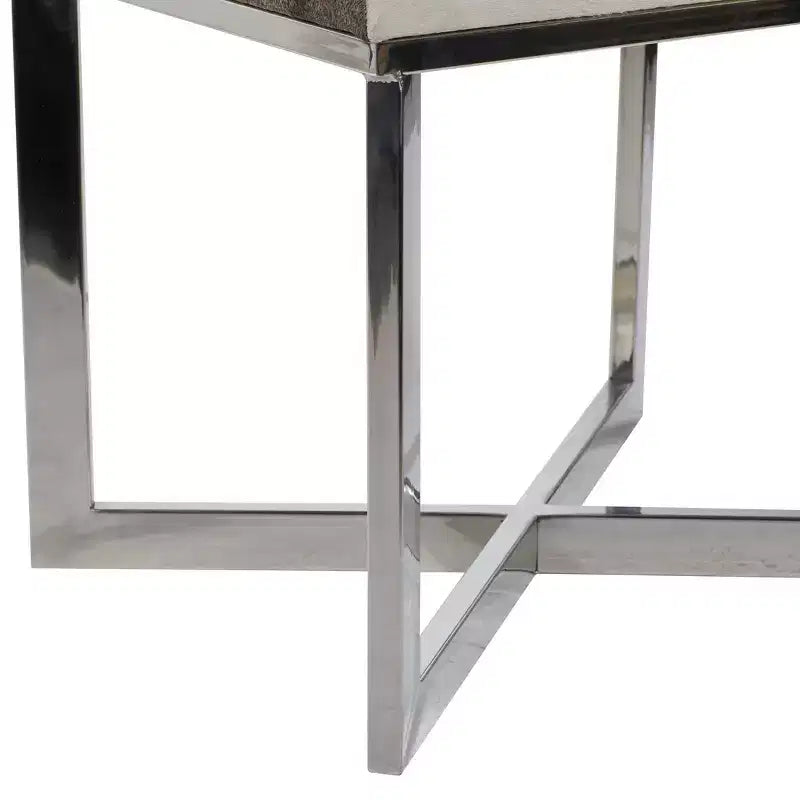 Sgabello quadrato contemporaneo in acciaio inox e pelle bovina argentato