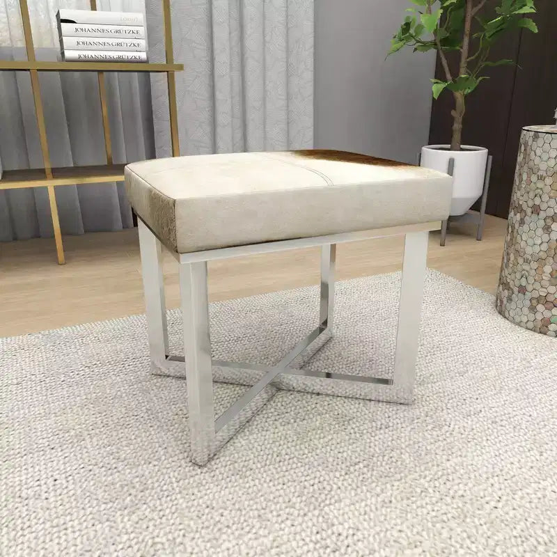 Sgabello quadrato contemporaneo in acciaio inox e pelle bovina argentato