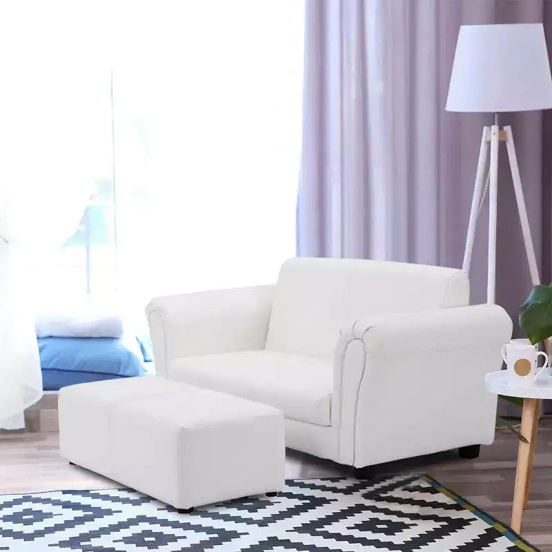 Divano per bambini bianco con braccioli, poltrona, divanetto, regalo di compleanno per bambini con pouf
