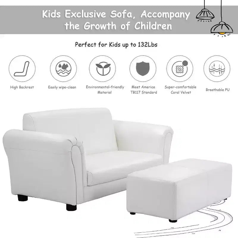 Divano per bambini bianco con braccioli, poltrona, divanetto, regalo di compleanno per bambini con pouf