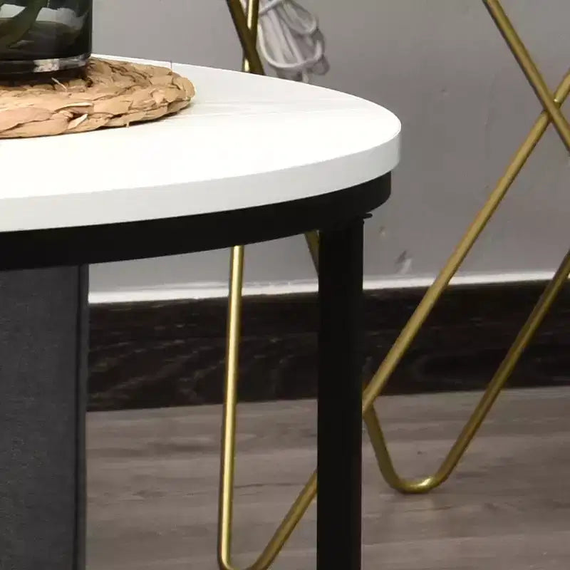 Tavolino moderno, Tavolino rotondo con struttura in metallo nero per soggiorno, Bianco