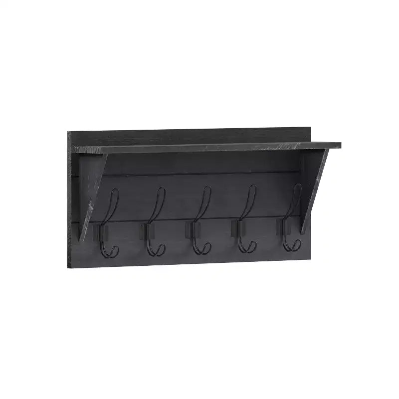 Emma and Oliver Rustic Country Wall Mounted Entryway Shelf with 5 Rustic Hooks and Wood Construction