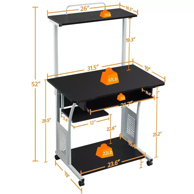 Scrivania per computer per ufficio a casa e scuola con ripiano stampante, vassoio tastiera, scaffale portaoggetti