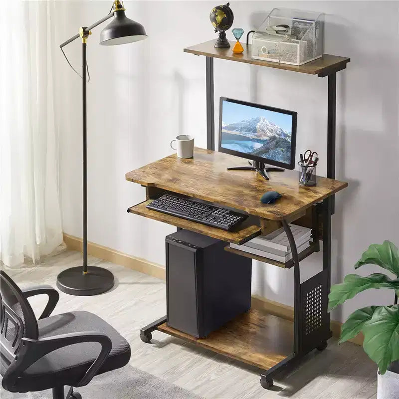 Scrivania per computer per ufficio a casa e scuola con ripiano stampante, vassoio tastiera, scaffale portaoggetti