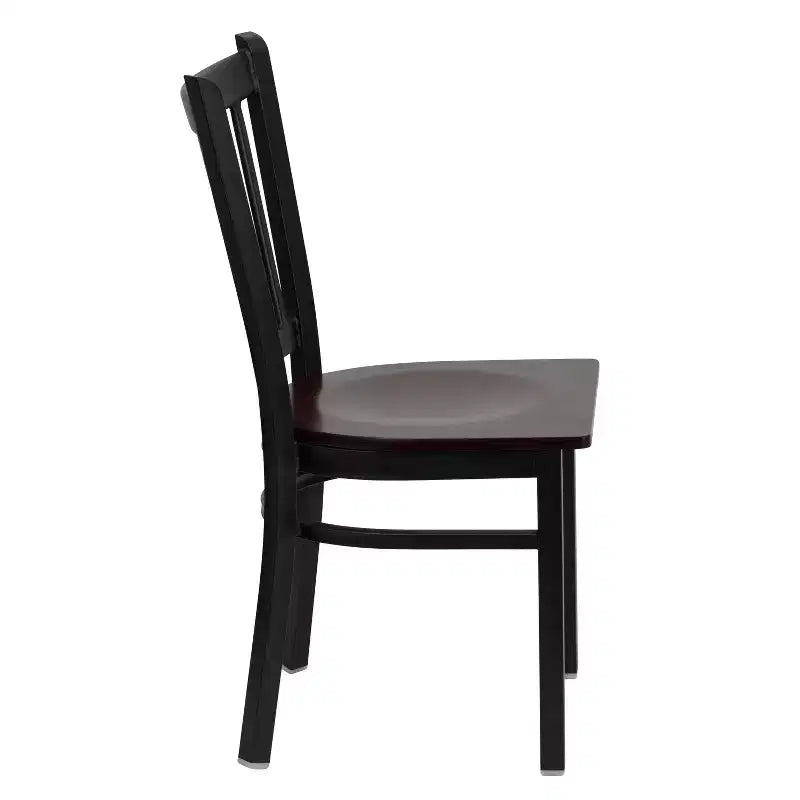 Set da 4 sedie per ristorante in metallo nero con schienale verticale - Sedile in legno mogano