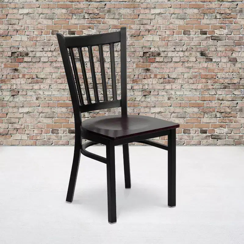 Set da 4 sedie per ristorante in metallo nero con schienale verticale - Sedile in legno mogano