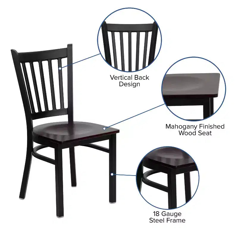 Set da 4 sedie per ristorante in metallo nero con schienale verticale - Sedile in legno mogano