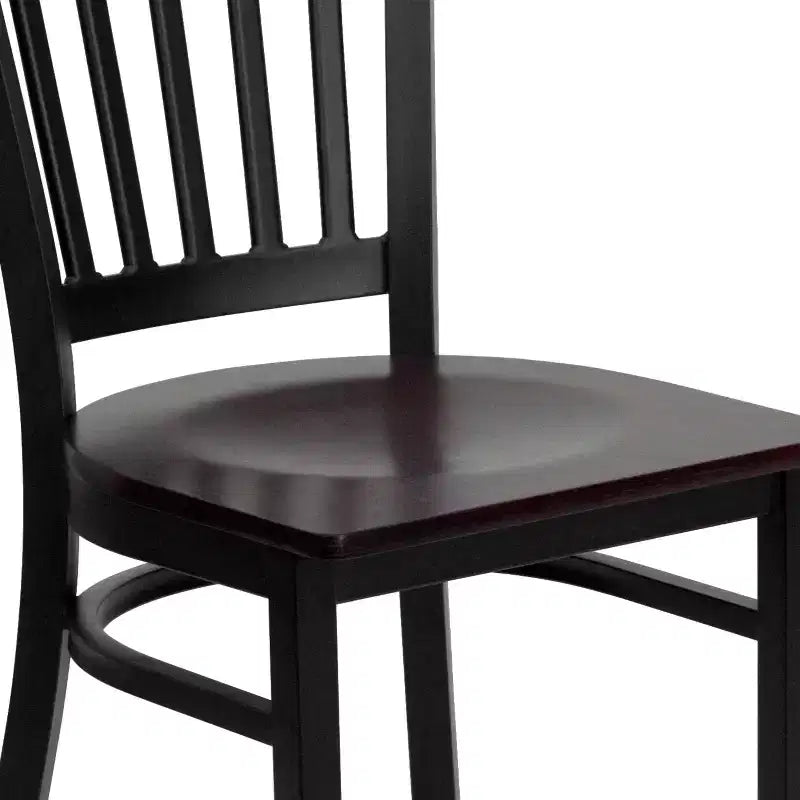 Set da 4 sedie per ristorante in metallo nero con schienale verticale - Sedile in legno mogano