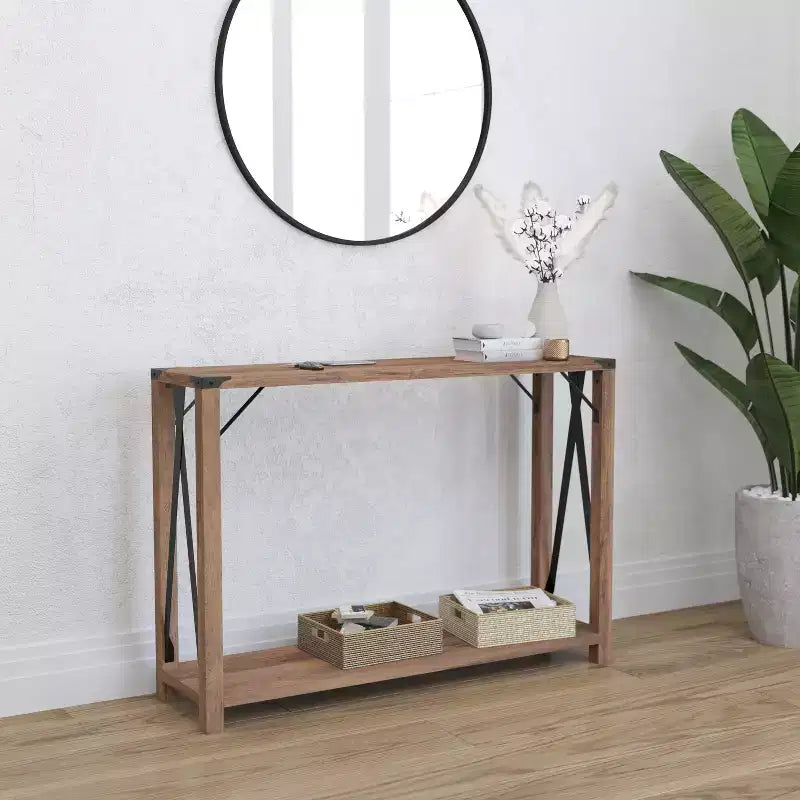 Consolle in legno ingegnerizzato Modern Farmhouse e dettagli in acciaio verniciato a polvere