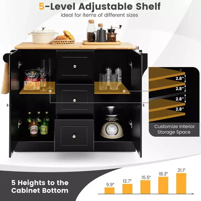 Isola da Cucina su Ruote Carrello Utensili con Cassetti Armadietti Portaspezie Nero/Bianco