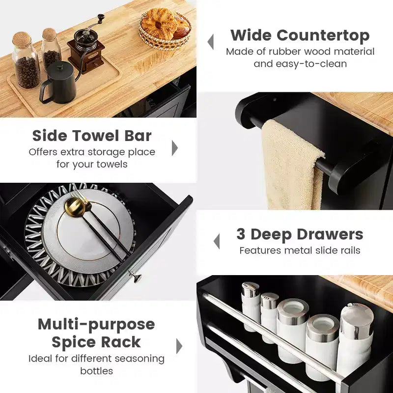 Isola da Cucina su Ruote Carrello Utensili con Cassetti Armadietti Portaspezie Nero/Bianco