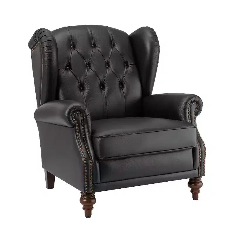 Poltrona a pozzetto larga 84 cm in vera pelle con gambe coniche in legno massello e bordo con borchie