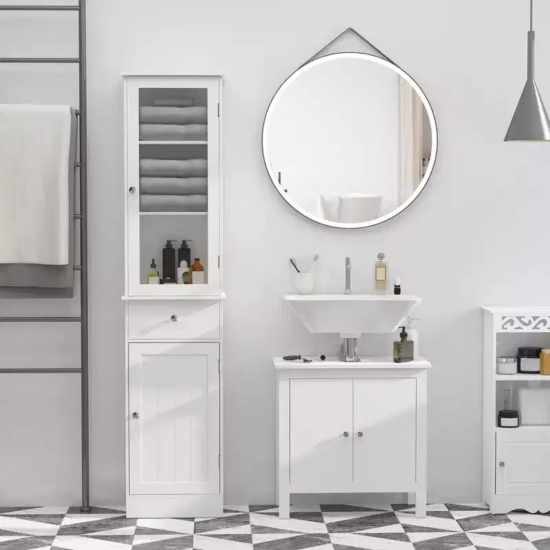 Mobiletto Alto da Bagno, Mobile Salvaspazio Stretto da Bagno con Anta in Acrilico, Cassetto e Ripiani