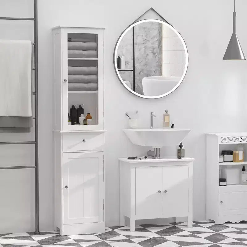 Mobiletto Alto da Bagno, Mobile Salvaspazio Stretto da Bagno con Anta in Acrilico, Cassetto e Ripiani
