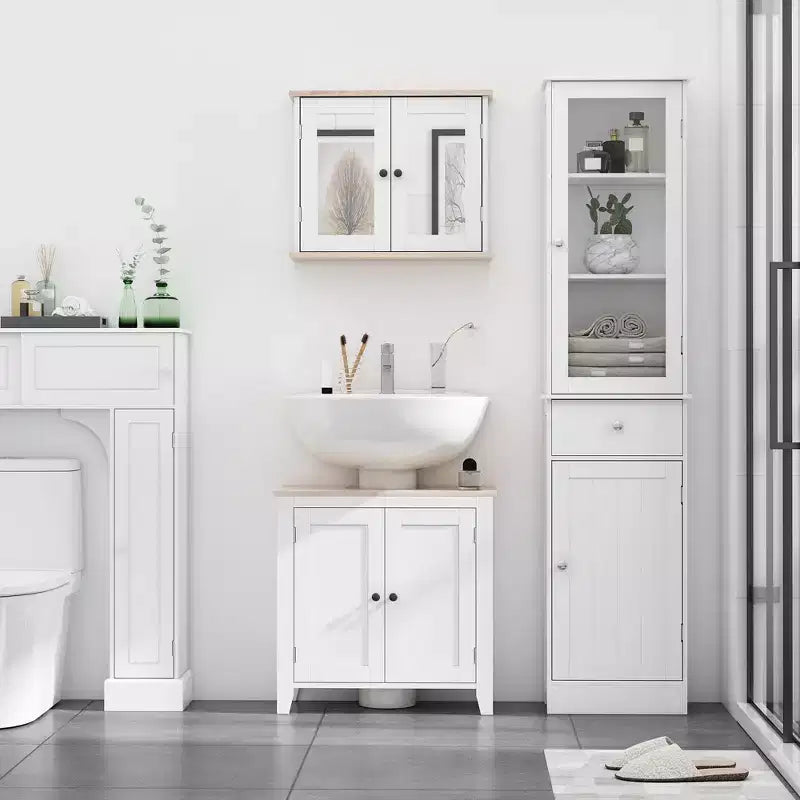 Mobiletto Alto da Bagno, Mobile Salvaspazio Stretto da Bagno con Anta in Acrilico, Cassetto e Ripiani