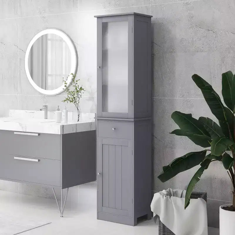Mobiletto Alto da Bagno, Mobile Salvaspazio Stretto da Bagno con Anta in Acrilico, Cassetto e Ripiani