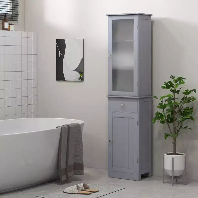 Mobiletto Alto da Bagno, Mobile Salvaspazio Stretto da Bagno con Anta in Acrilico, Cassetto e Ripiani
