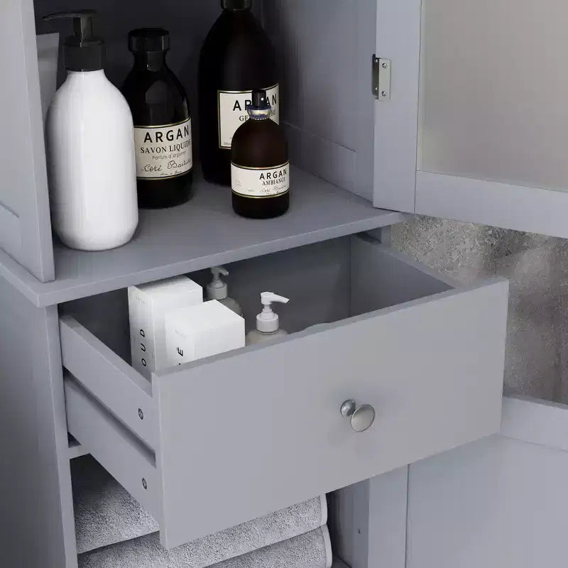 Mobiletto Alto da Bagno, Mobile Salvaspazio Stretto da Bagno con Anta in Acrilico, Cassetto e Ripiani