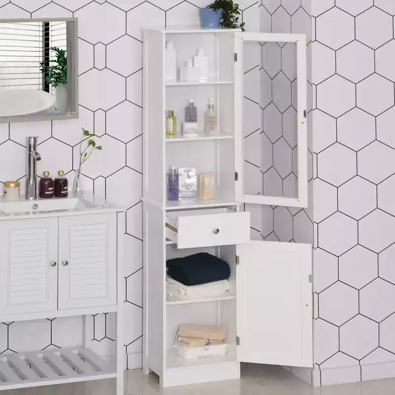 Mobiletto Alto da Bagno, Mobile Salvaspazio Stretto da Bagno con Anta in Acrilico, Cassetto e Ripiani