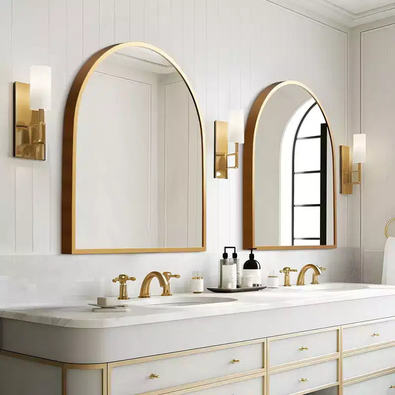 Specchio da parete ad arco con cornice in metallo, specchio da bagno per vanità