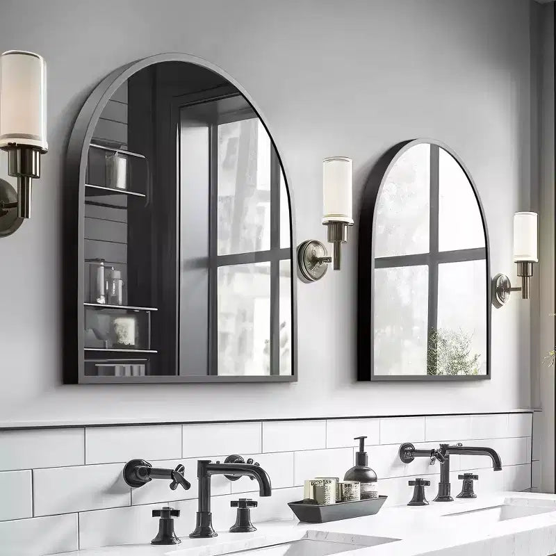 Specchio da parete ad arco con cornice in metallo, specchio da bagno per vanità