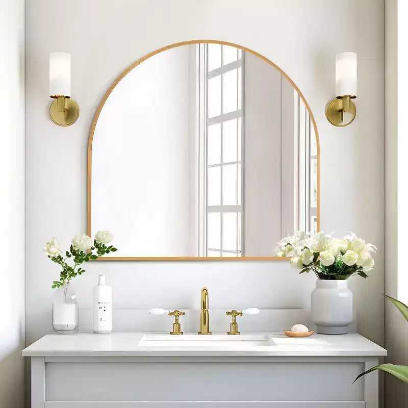 Specchio da parete ad arco con cornice in metallo, specchio da bagno per vanità