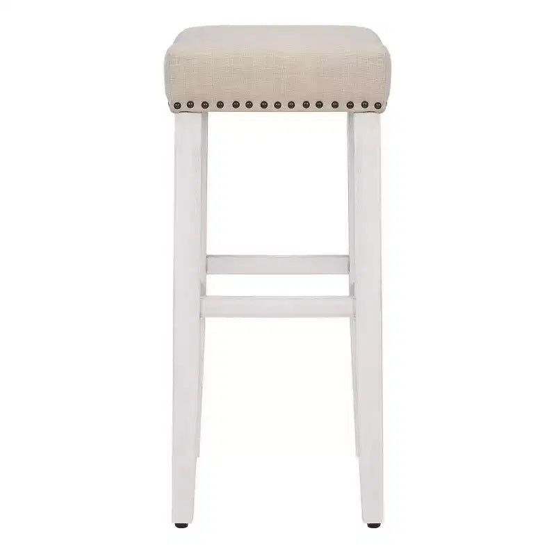 Sgabello da bar senza schienale a sella imbottito da 29 pollici, bianco anticato/beige