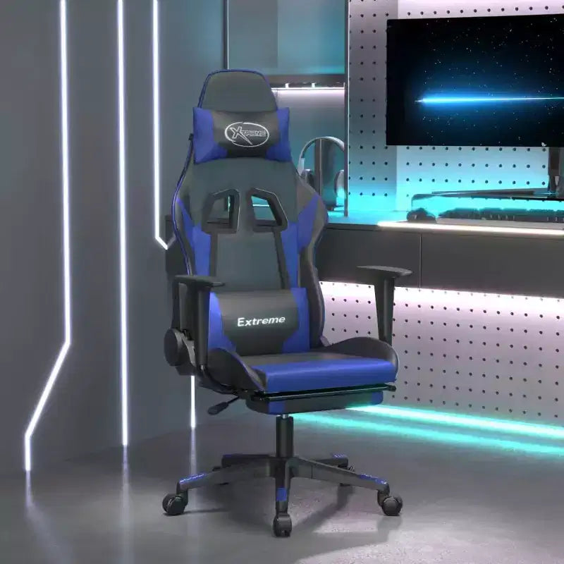 Sedia da gaming regolabile con poggiapiedi e funzione massaggio - Ecopelle Nera&Blu