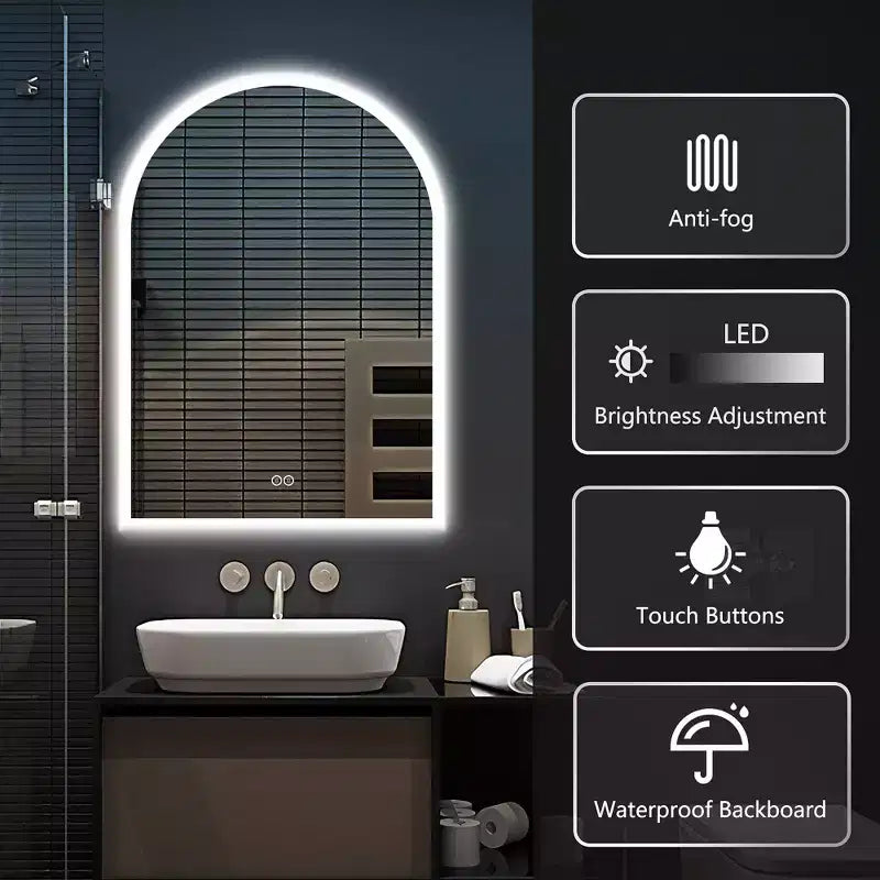 Specchio da bagno ad arco, specchio LED con antiappannamento