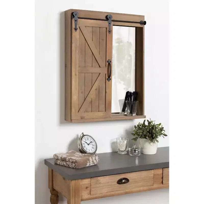 Mobiletto decorativo da parete in legno con specchio e porta scorrevole a fienile, rustico