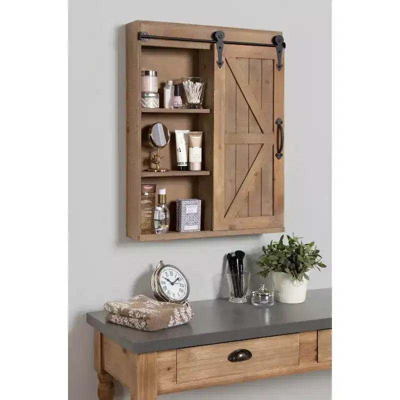 Mobiletto decorativo da parete in legno con specchio e porta scorrevole a fienile, rustico