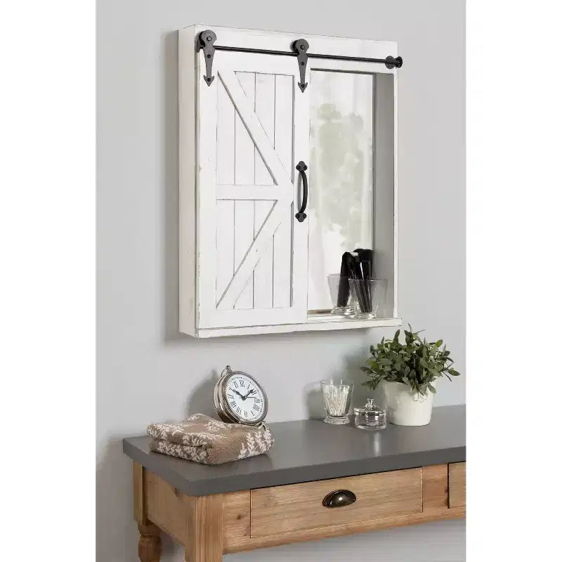 Mobiletto decorativo da parete in legno con specchio e porta scorrevole a fienile, rustico
