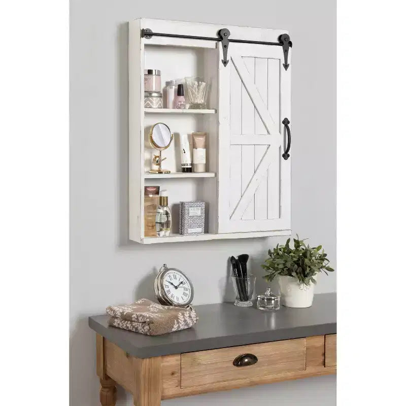 Mobiletto decorativo da parete in legno con specchio e porta scorrevole a fienile, rustico